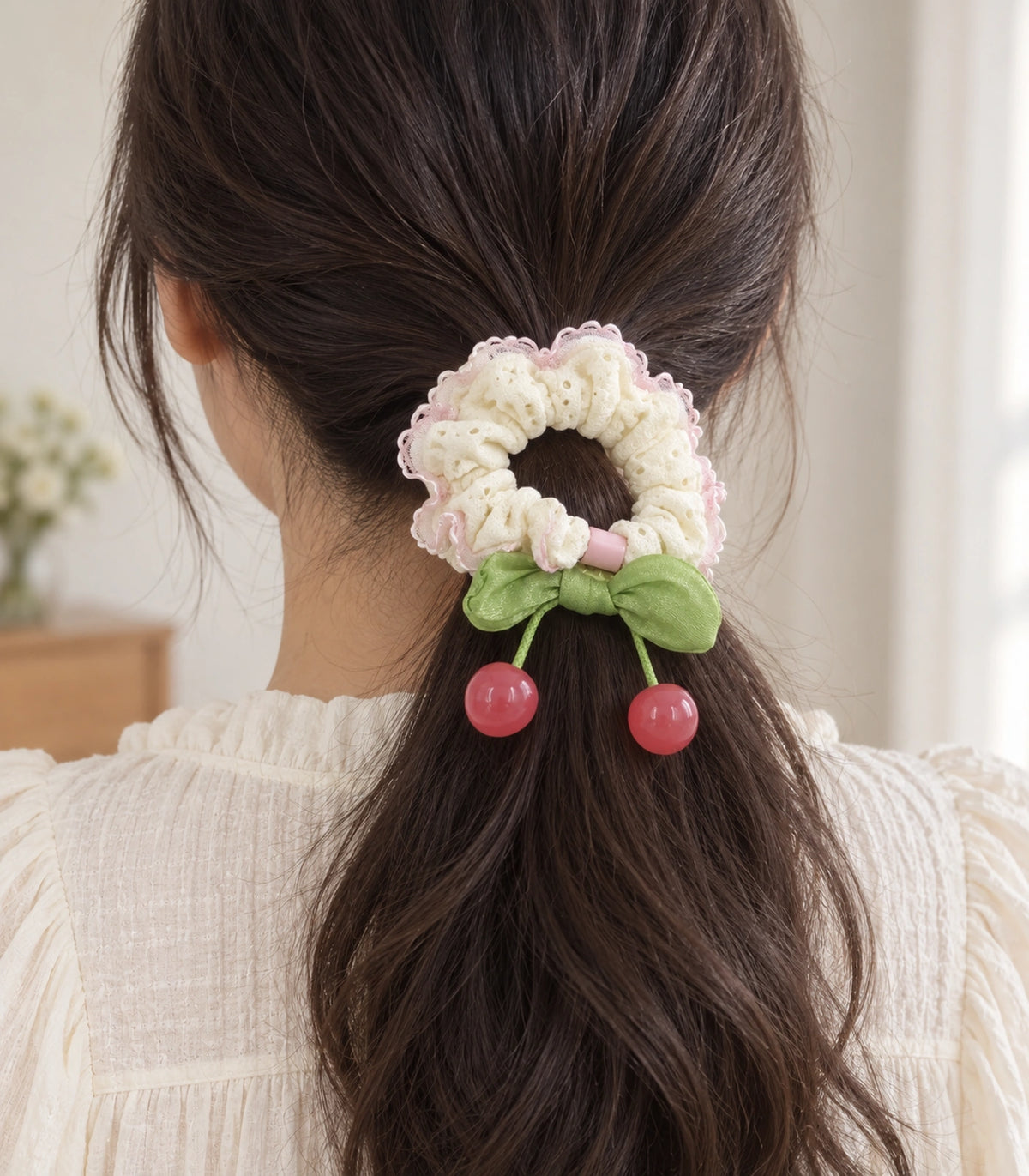 JIMIKI Ivory Pink-Trim Lace Cherry Scrunchie in Ivory/Pink/Green, model wearing view