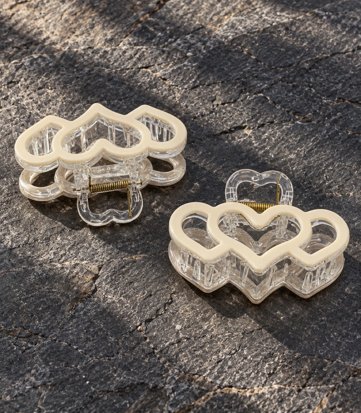 JIMIKI Triple Heart Hair Claw Clips in Ivory, editorial flat lay #color_ivory