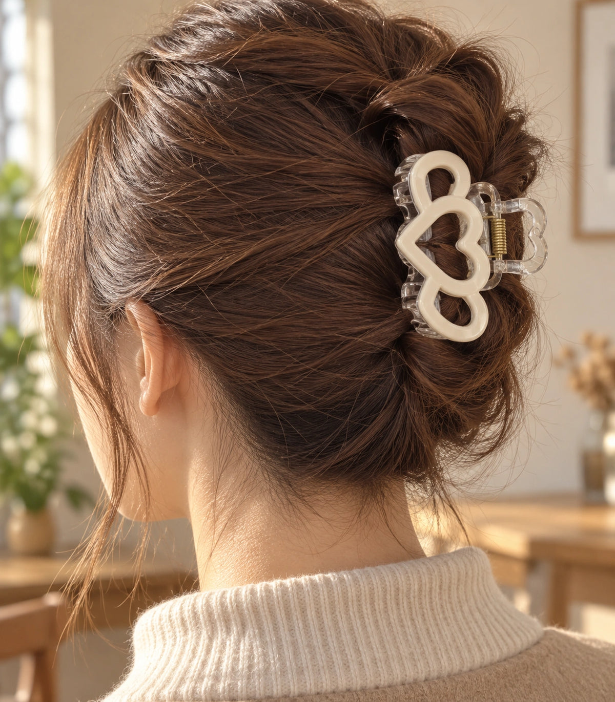 JIMIKI Triple Heart Hair Claw Clips in Ivory, editorial model view #color_ivory