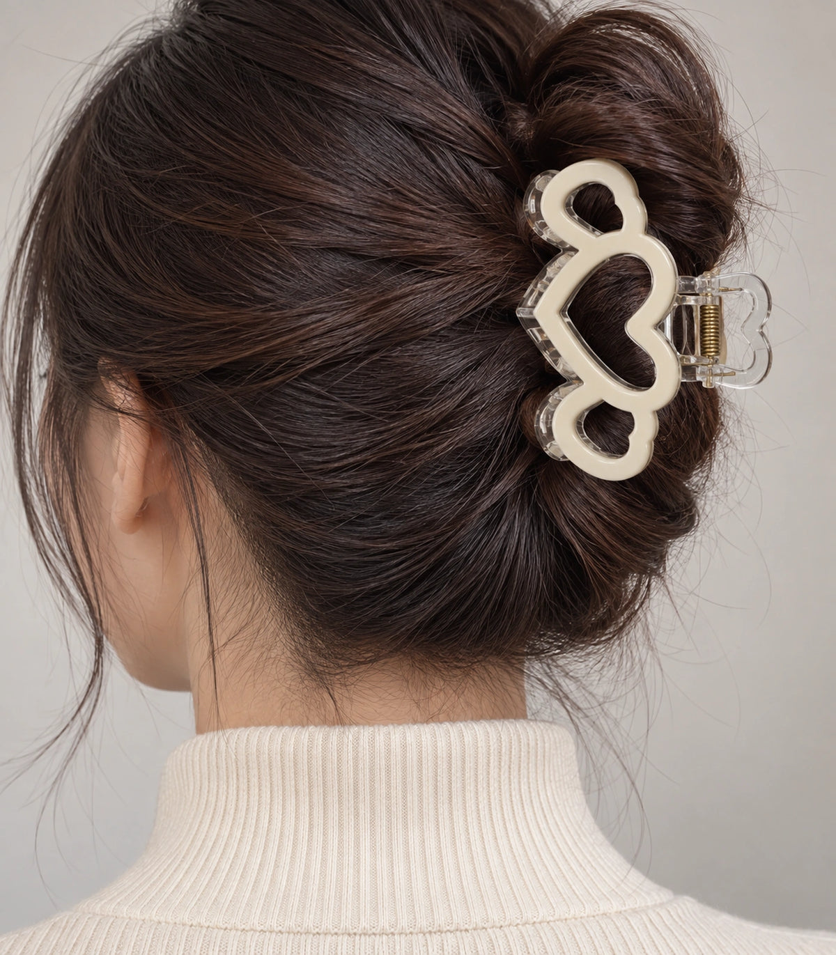 JIMIKI Triple Heart Hair Claw Clips in Ivory, model wearing view #color_ivory