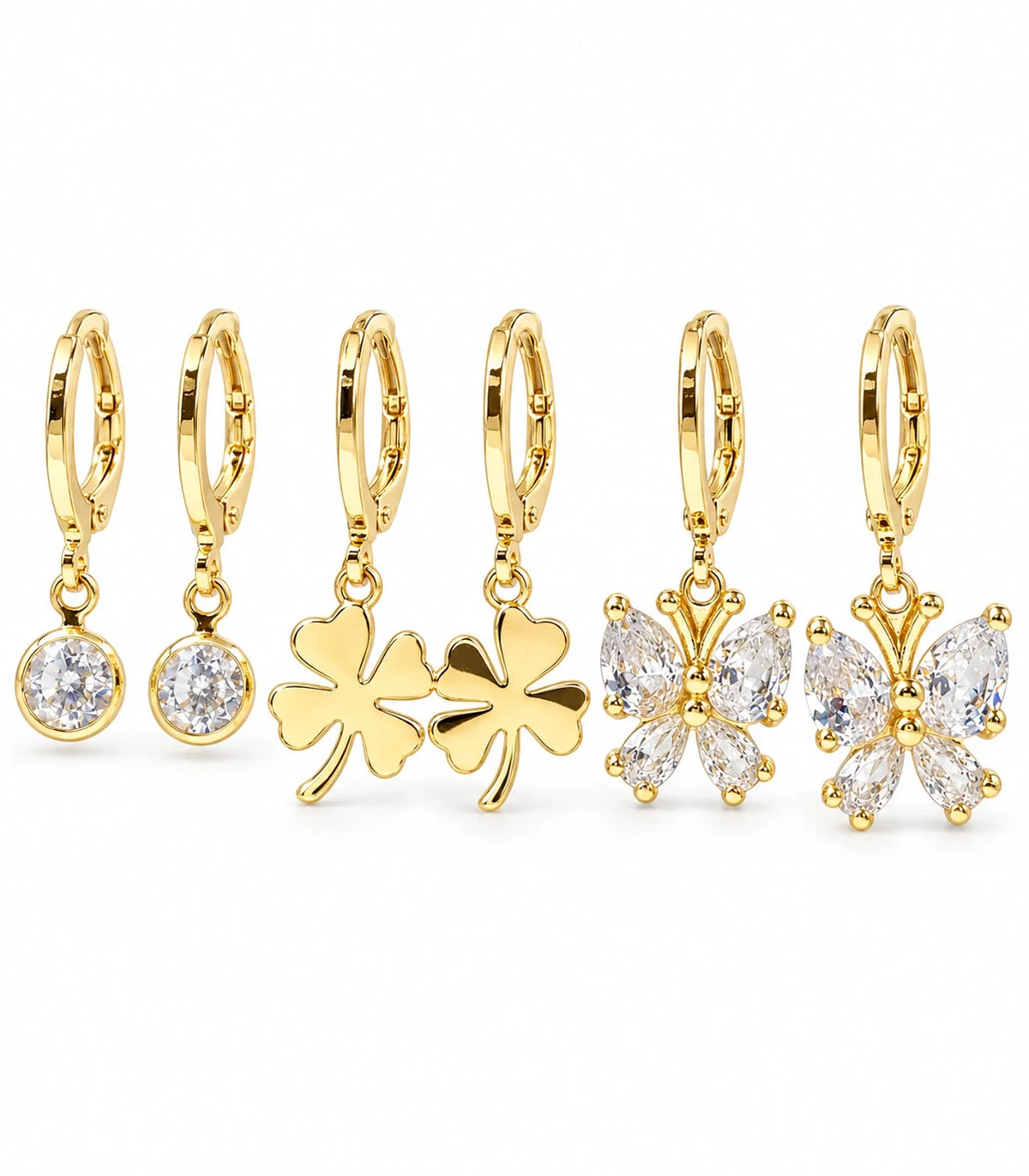 Gold-tone three-pair crystal, clover and butterfly hoop set; six earrings