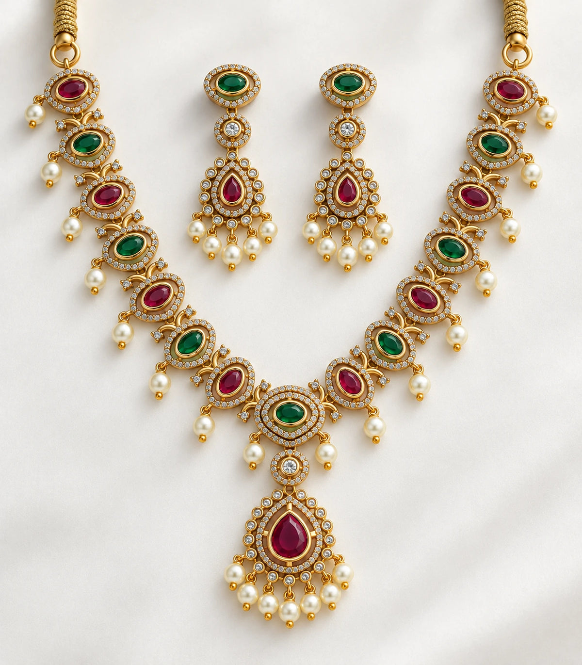 Detail view of the magenta and green oval-link necklace, teardrop pendant and matching earring pair
