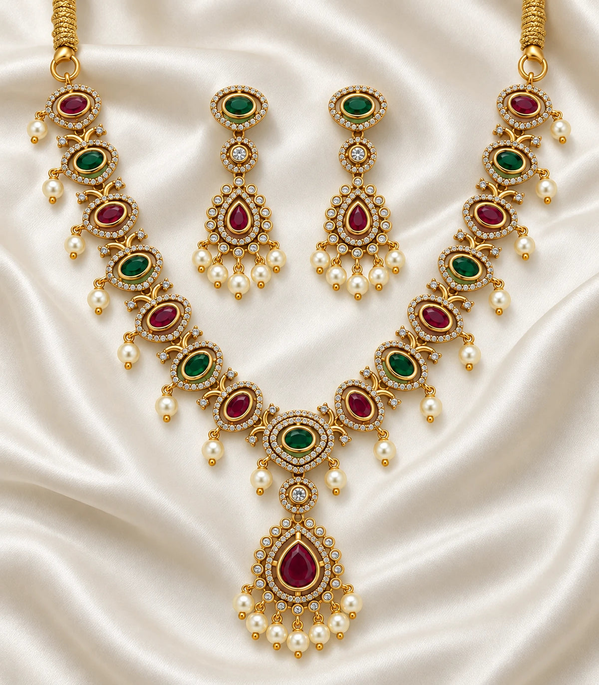 Gold-tone magenta and green oval-link necklace with matching earring pair arranged on ivory fabric