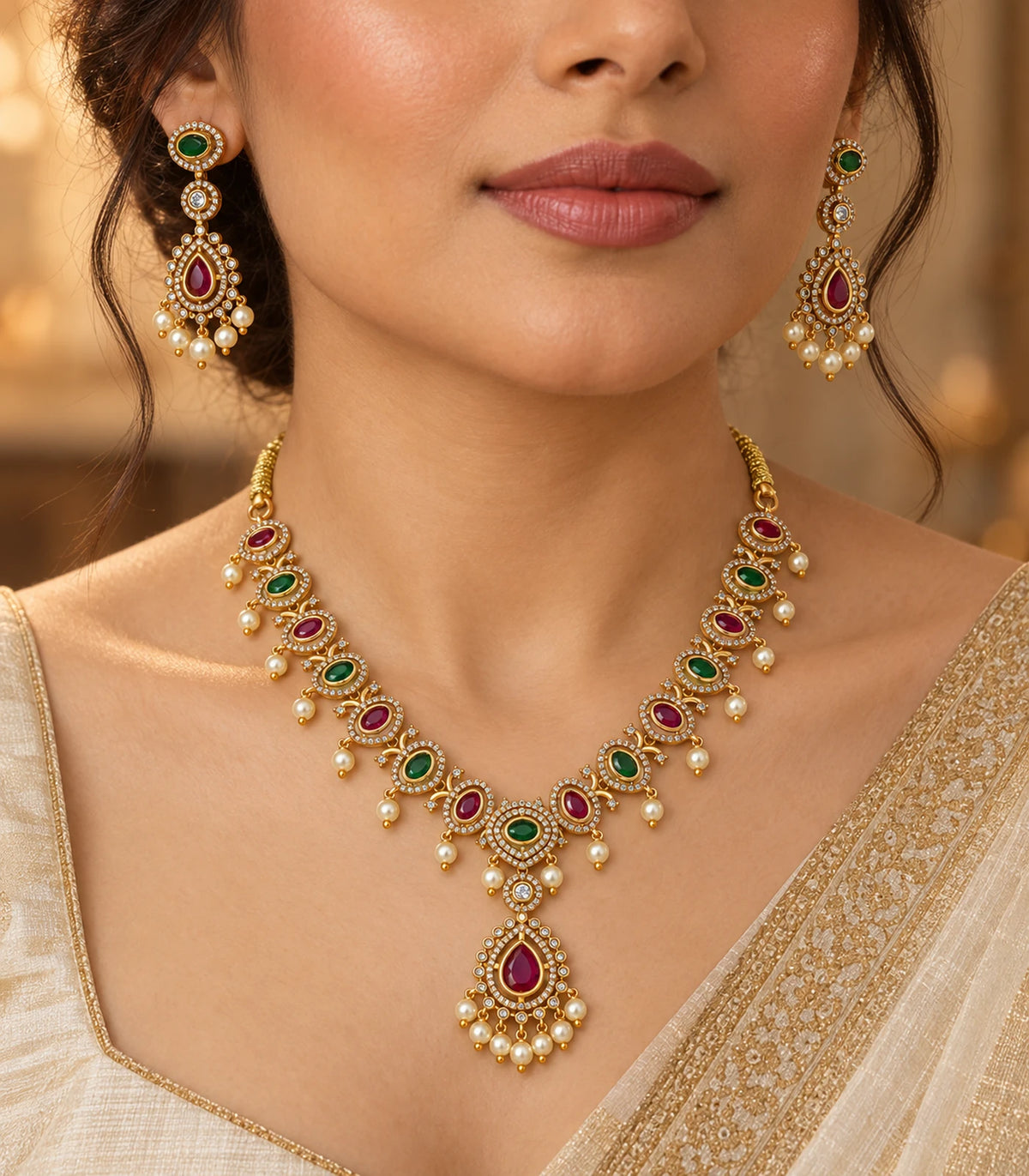 Warm editorial view of the magenta and green oval-link necklace and matching earrings worn with an ivory outfit