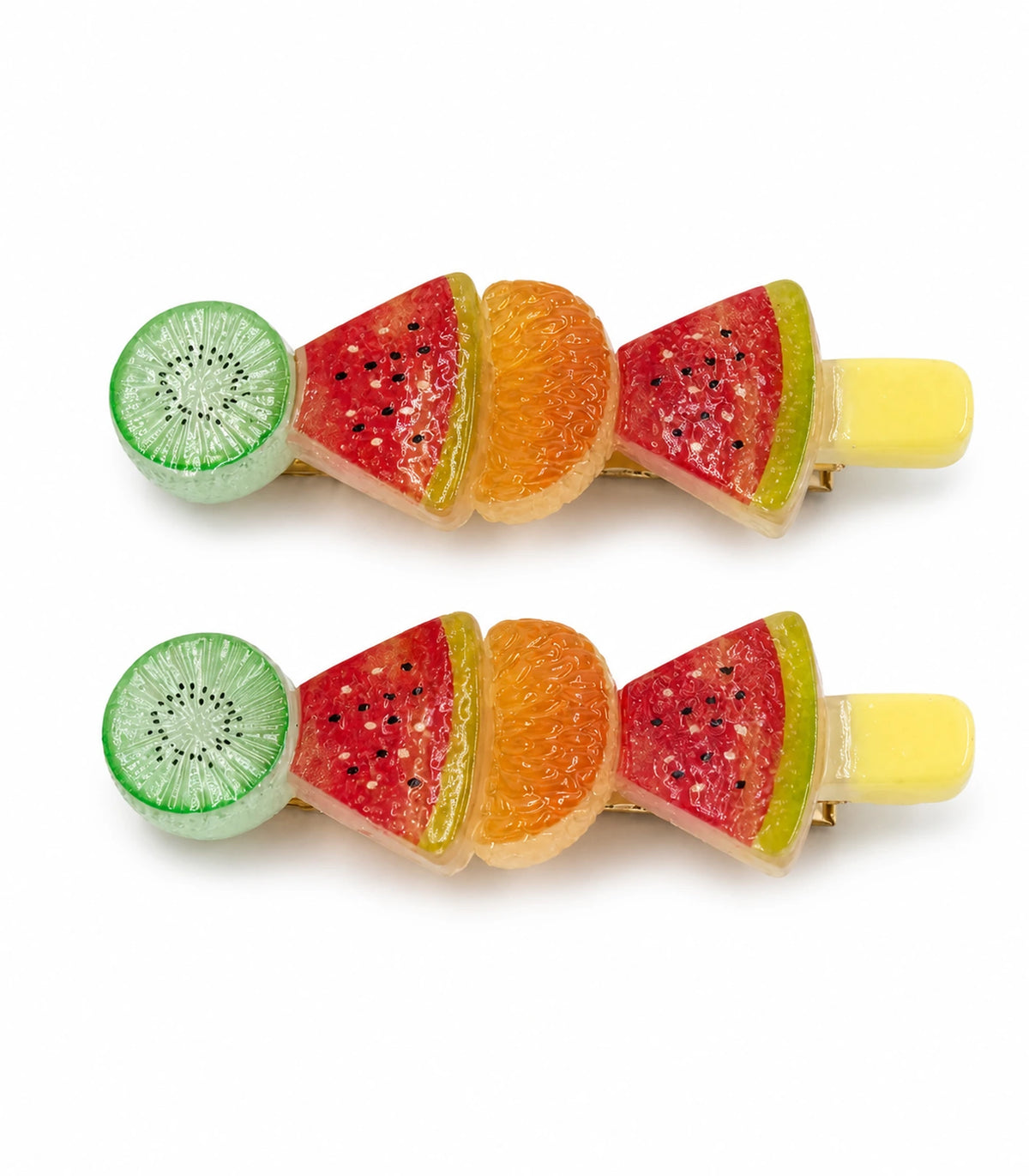 Kiwi Watermelon Orange Fruit Barrette Pair on a clean white background