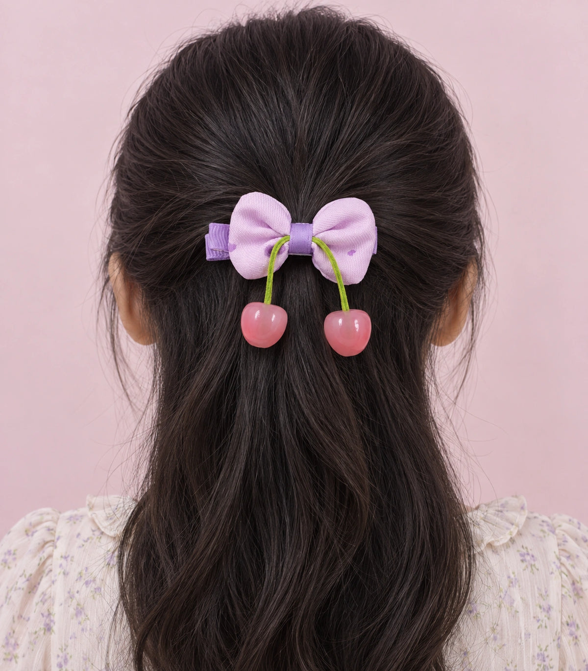JIMIKI Lavender Bow Hair Clip with Cherry Charms in Lavender, model wearing view