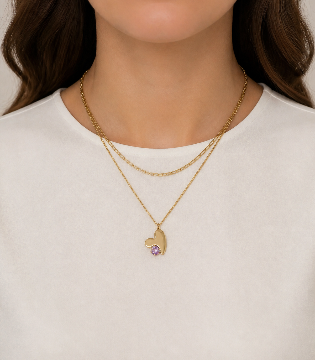 Lavender Crystal Layered Heart Necklace worn by a model