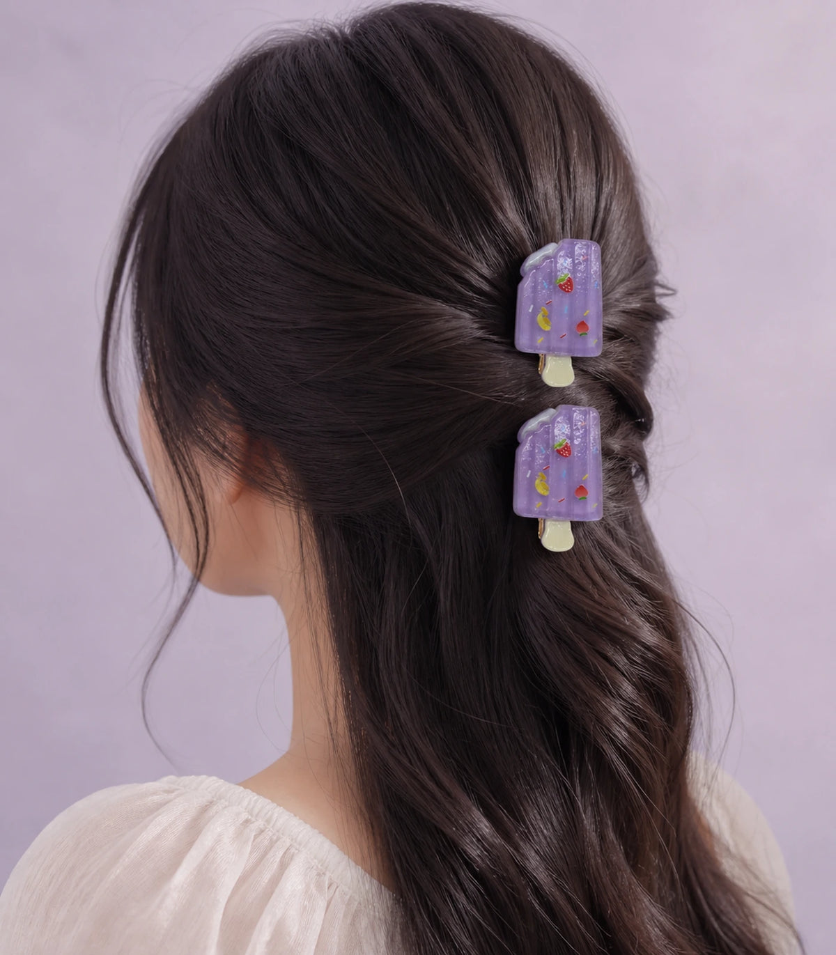 Editorial model view of the Lavender Fruit Sprinkle Popsicle Clip Pair