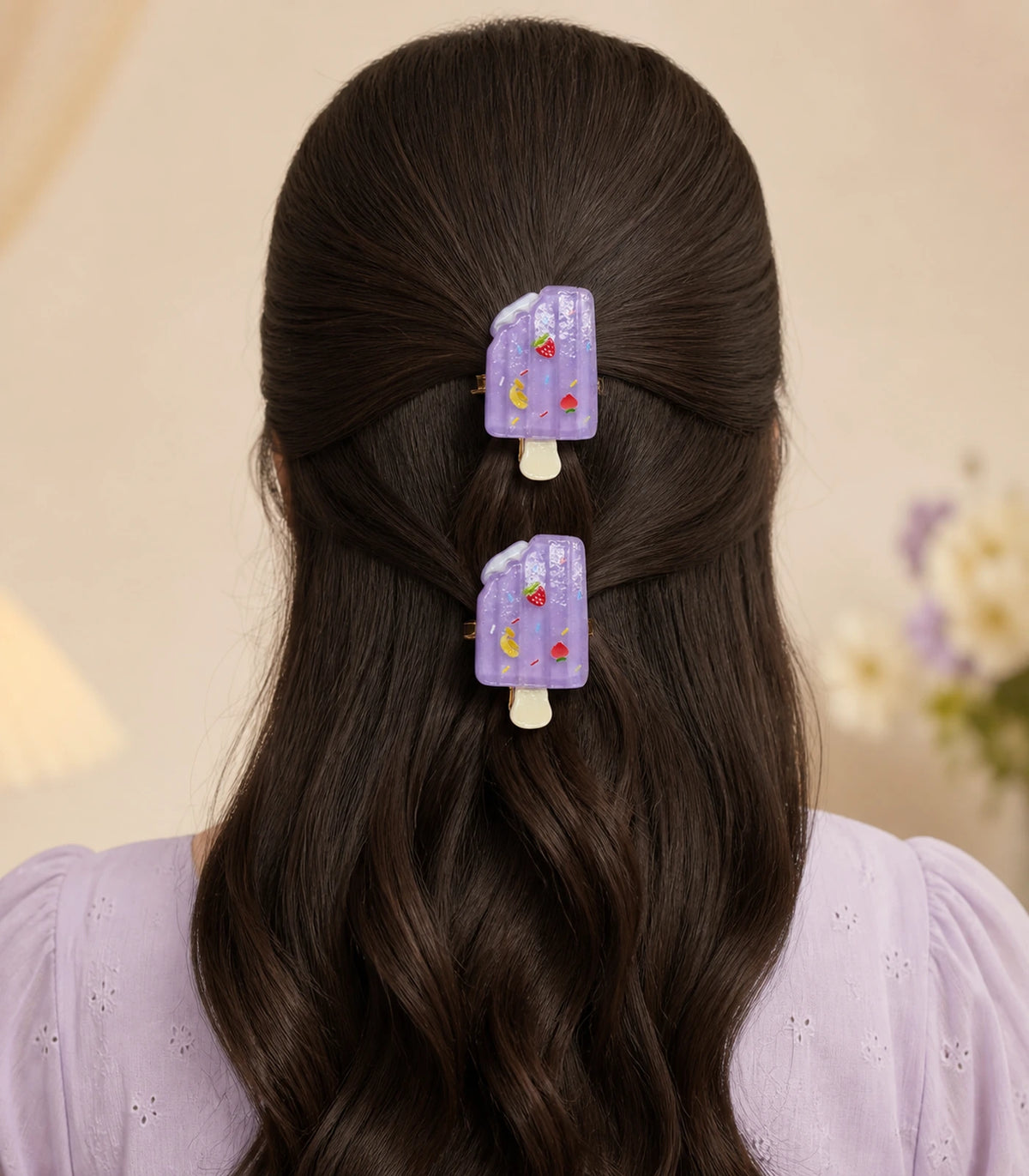 Model wearing the Lavender Fruit Sprinkle Popsicle Clip Pair