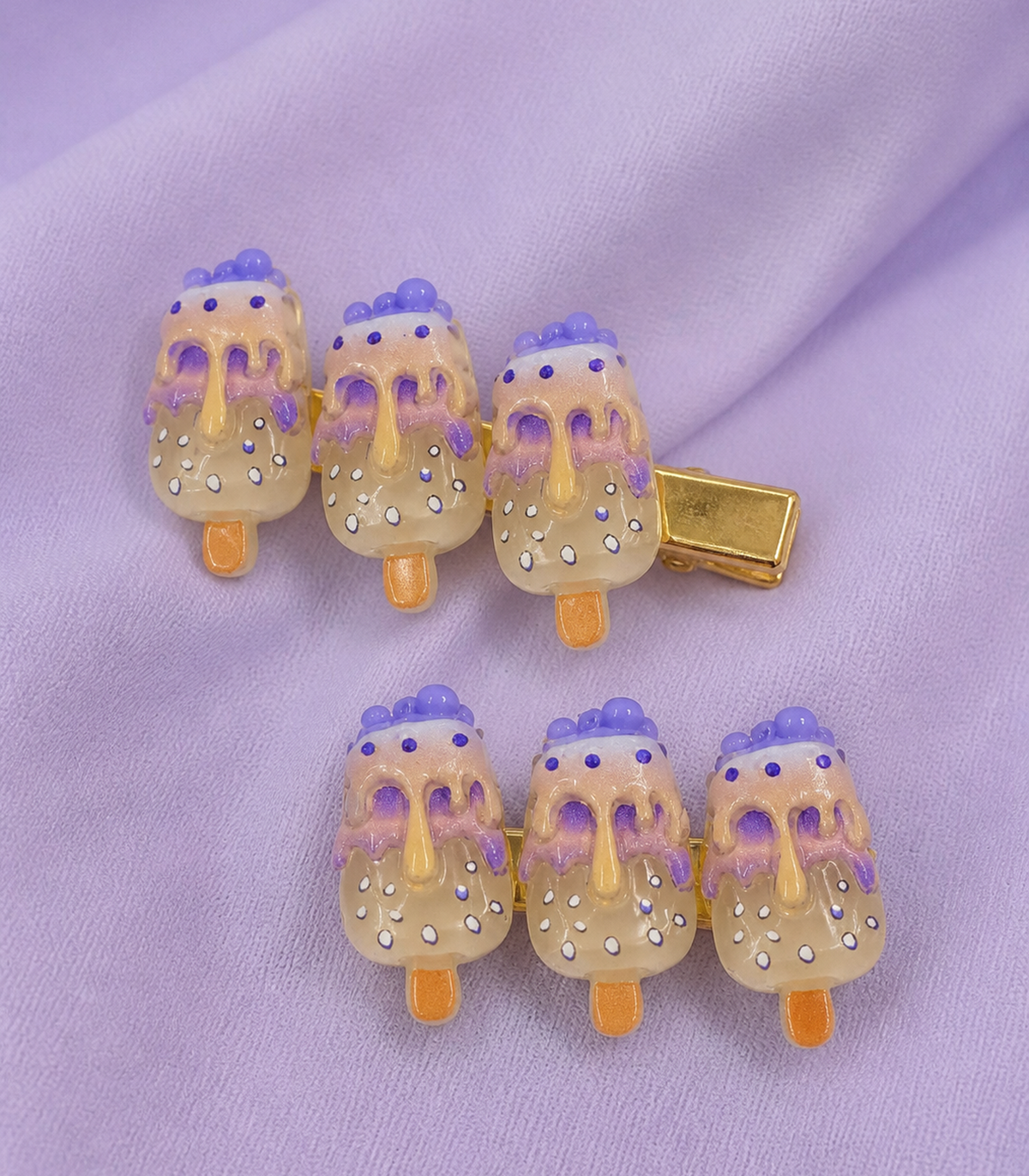 Lavender Iced Pop Trio Clip Pair in close-up detail