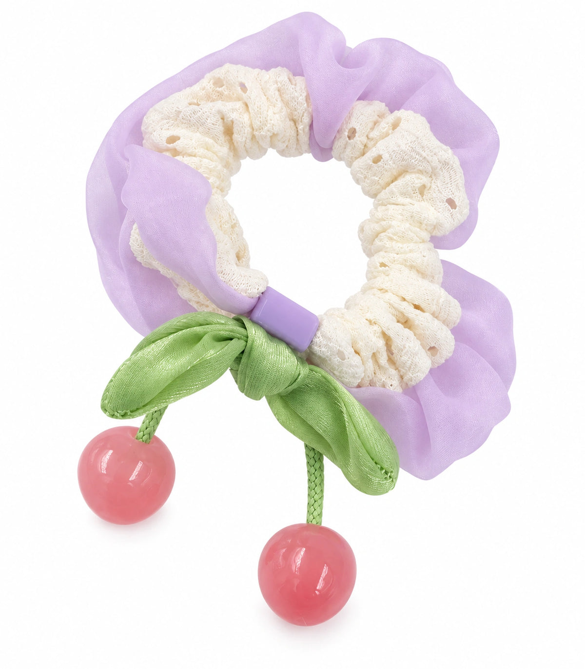 JIMIKI Lace Scrunchie With Cherry Charms in Lavender, white background product view #color_lavender
