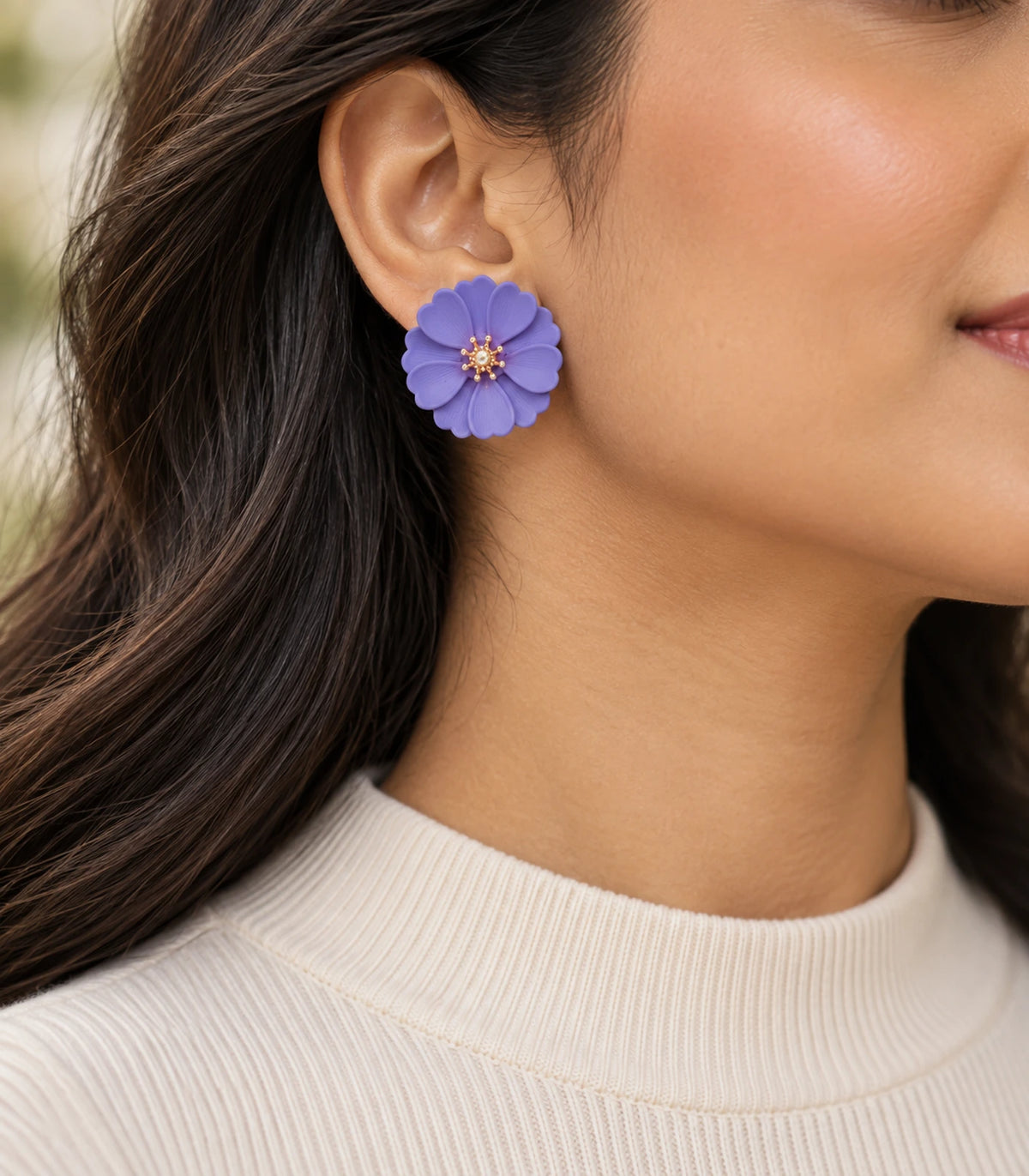 JIMIKI Lavender Layered Daisy Stud Earrings - earring worn in editorial styling #color_lavender
