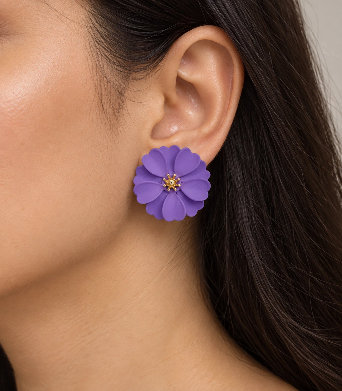 JIMIKI Lavender Layered Daisy Stud Earrings - earring worn on model #color_lavender