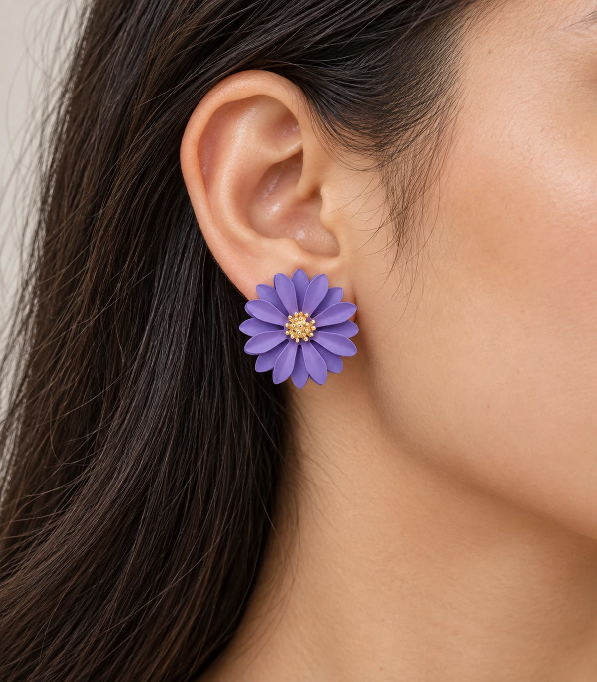 JIMIKI Lavender layered starburst daisy stud earrings, layered daisy stud worn at the ear #color_lavender