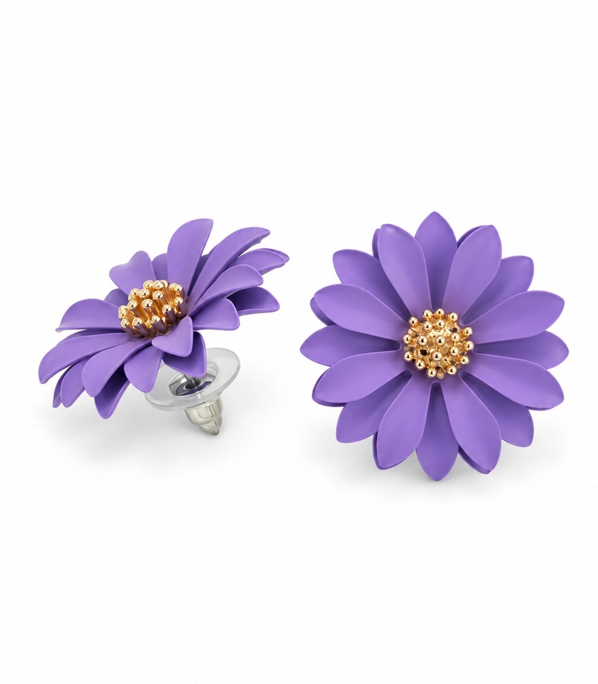 JIMIKI Lavender layered starburst daisy stud earrings, matching pair on white background #color_lavender