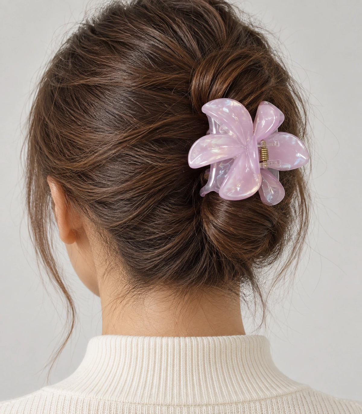 JIMIKI Iridescent Five Petal Flower Hair Claw Clips in Lavender / Pink, model wearing view #color_lavender / pink