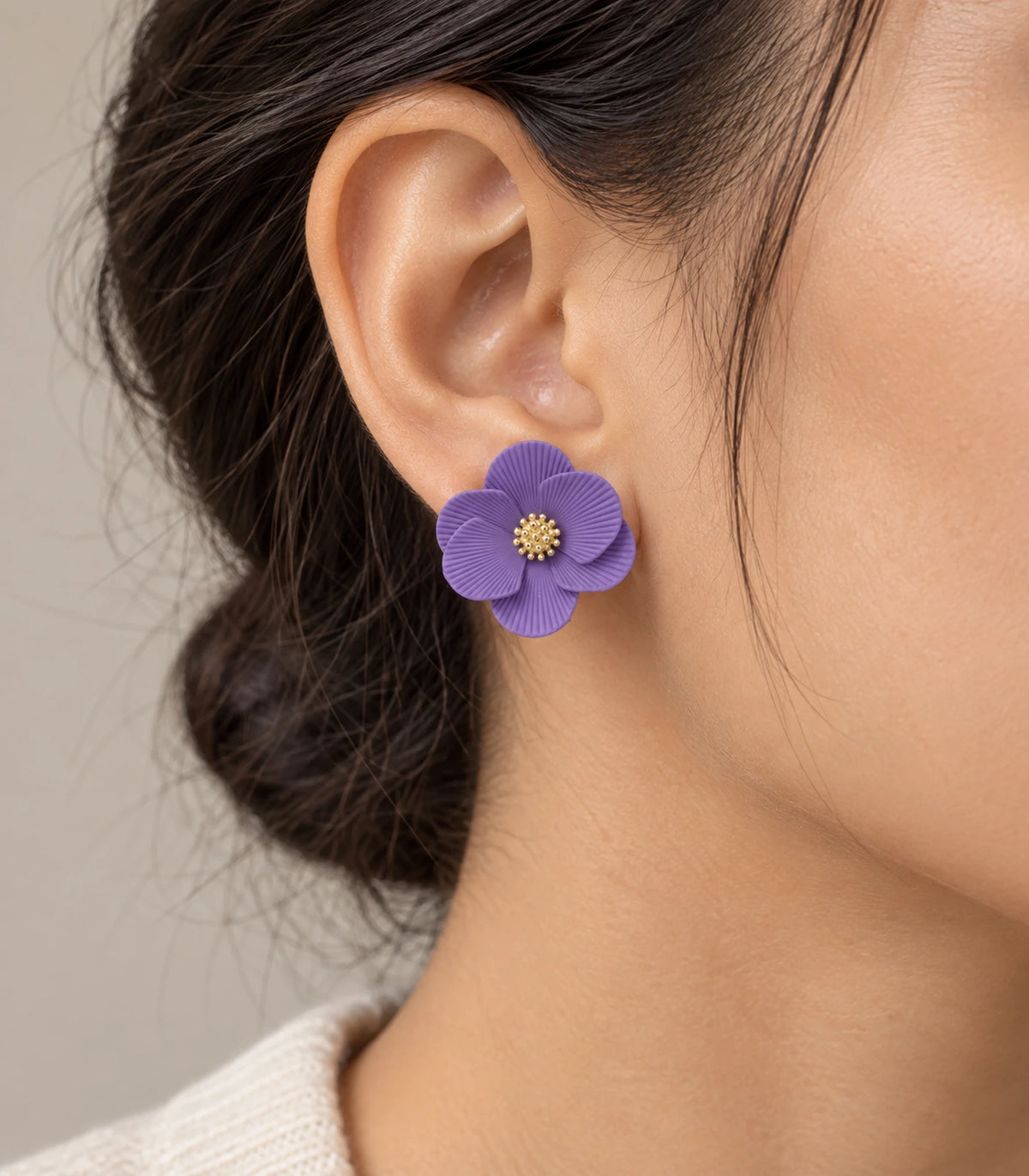 JIMIKI Lavender ribbed flower stud earrings, worn view showing the flower stud #color_lavender