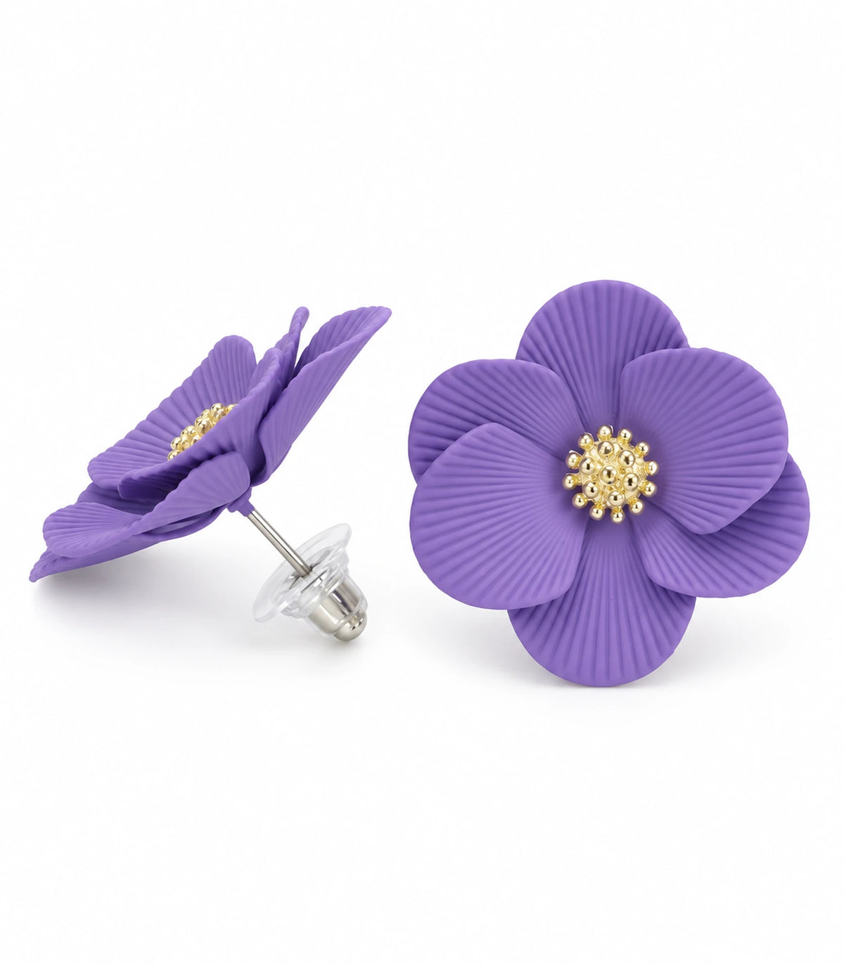JIMIKI Lavender ribbed flower stud earrings, pair on a white background #color_lavender