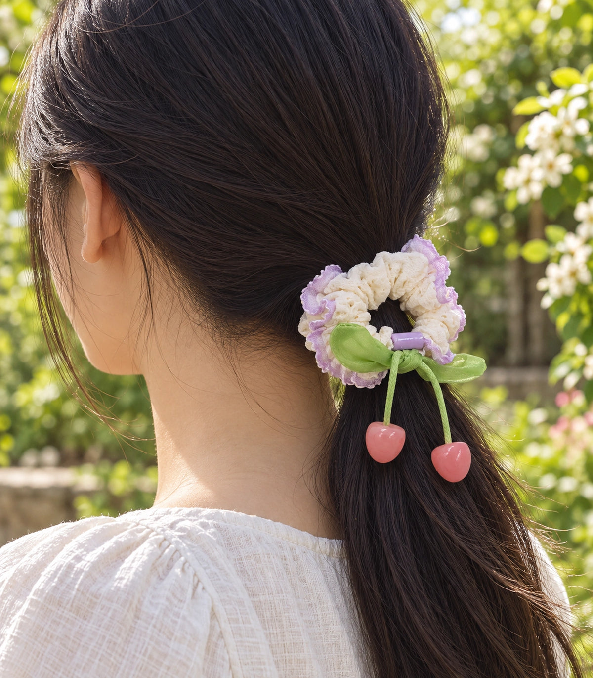 JIMIKI Trim Lace Scrunchie With Cherry Charms in Lavender Trim, editorial model view #color_lavender trim