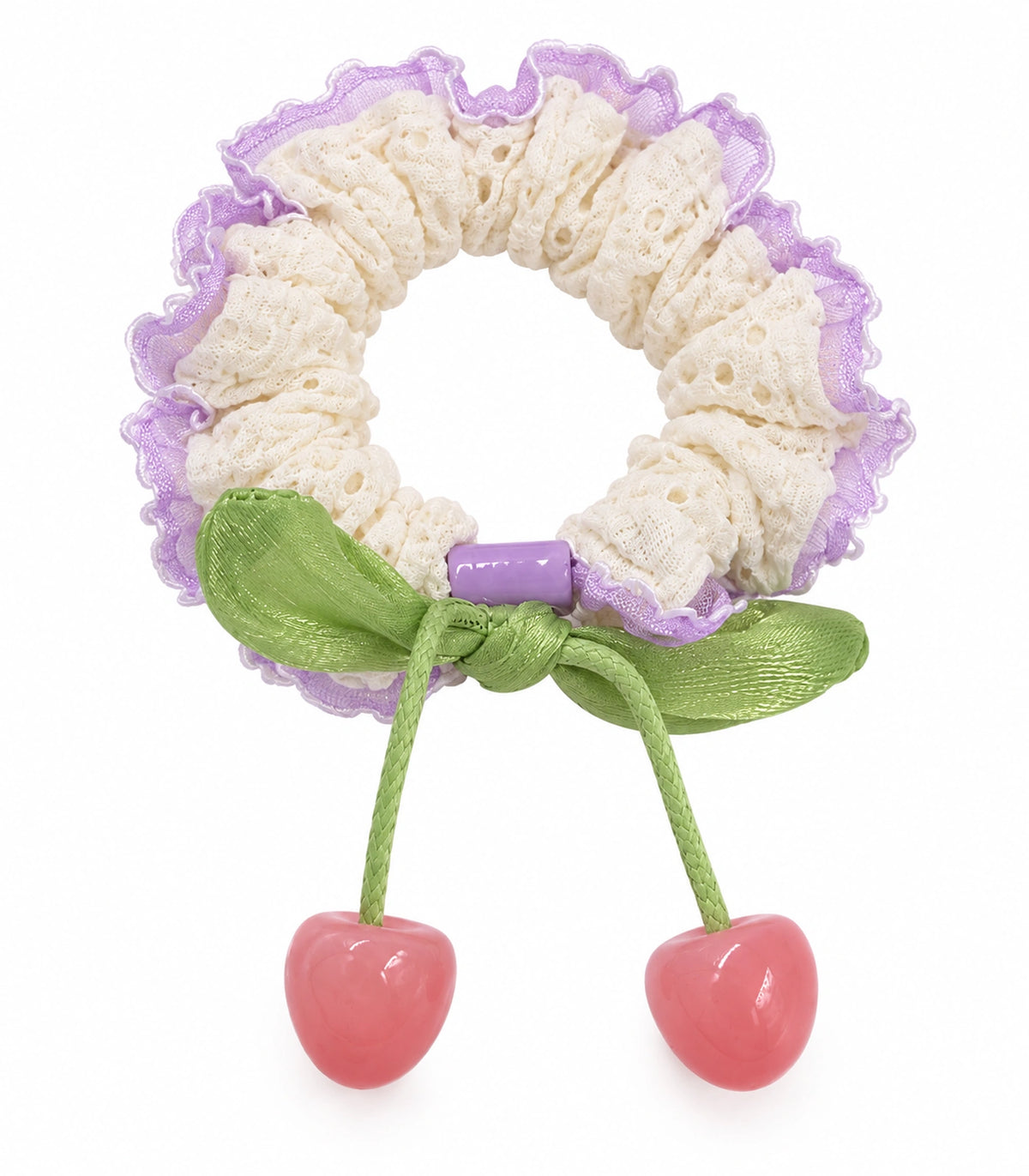 JIMIKI Trim Lace Scrunchie With Cherry Charms in Lavender Trim, white background product view #color_lavender trim