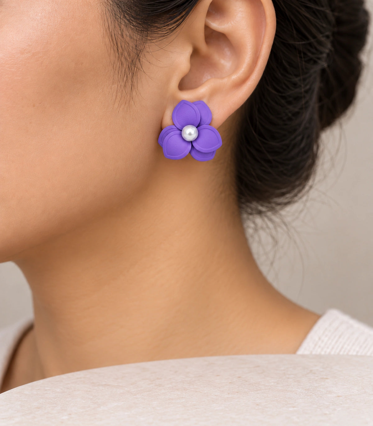 JIMIKI Lavender Triple Petal Pearl Flower Stud Earrings - earring worn on model #color_lavender