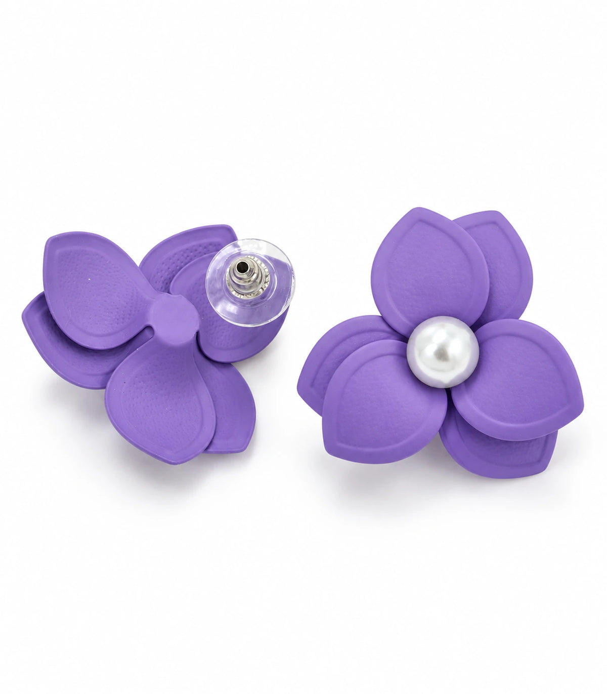 JIMIKI Lavender Triple Petal Pearl Flower Stud Earrings - pair on white background #color_lavender