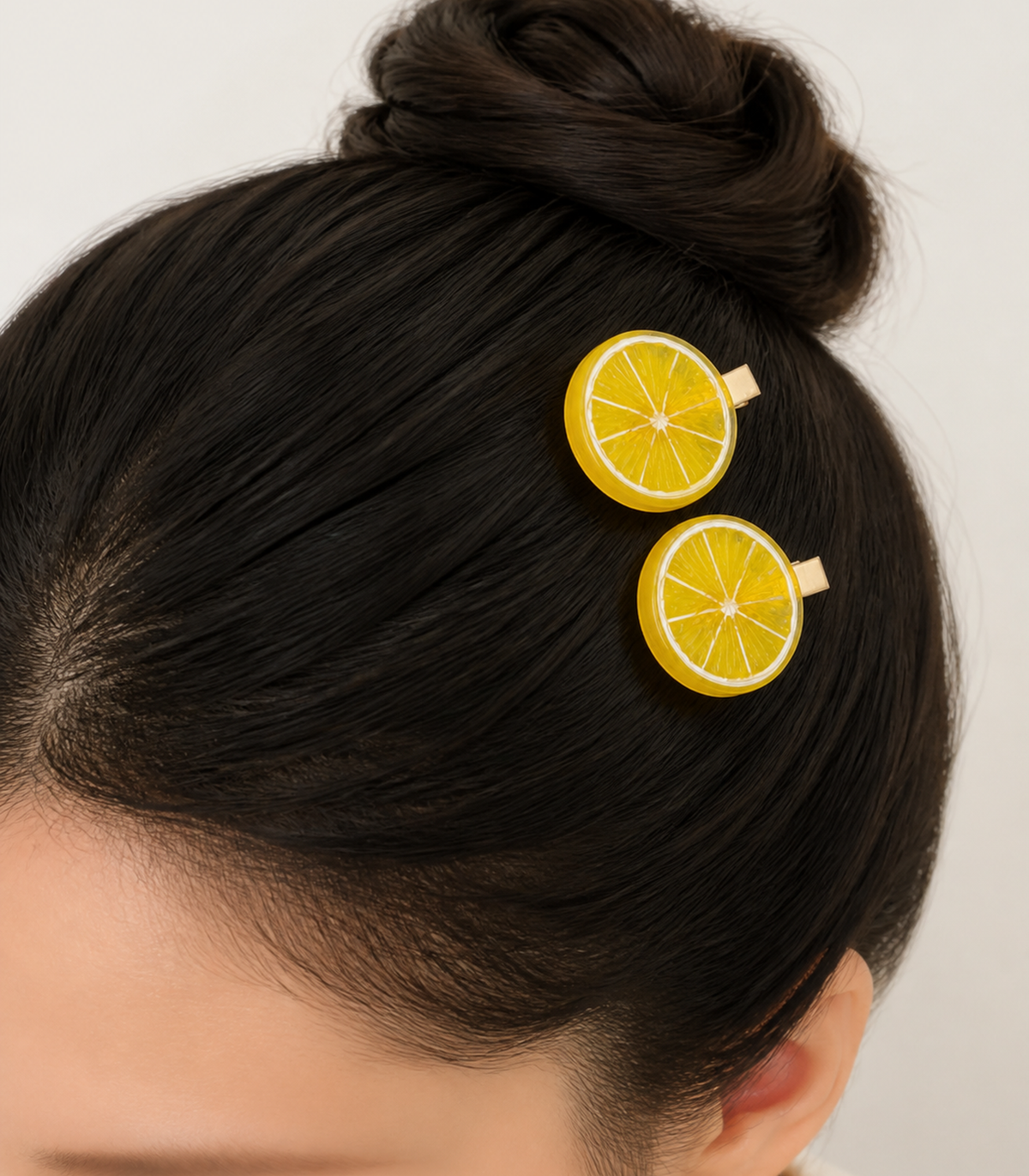 Lemon Slice Barrette Pair worn in hair