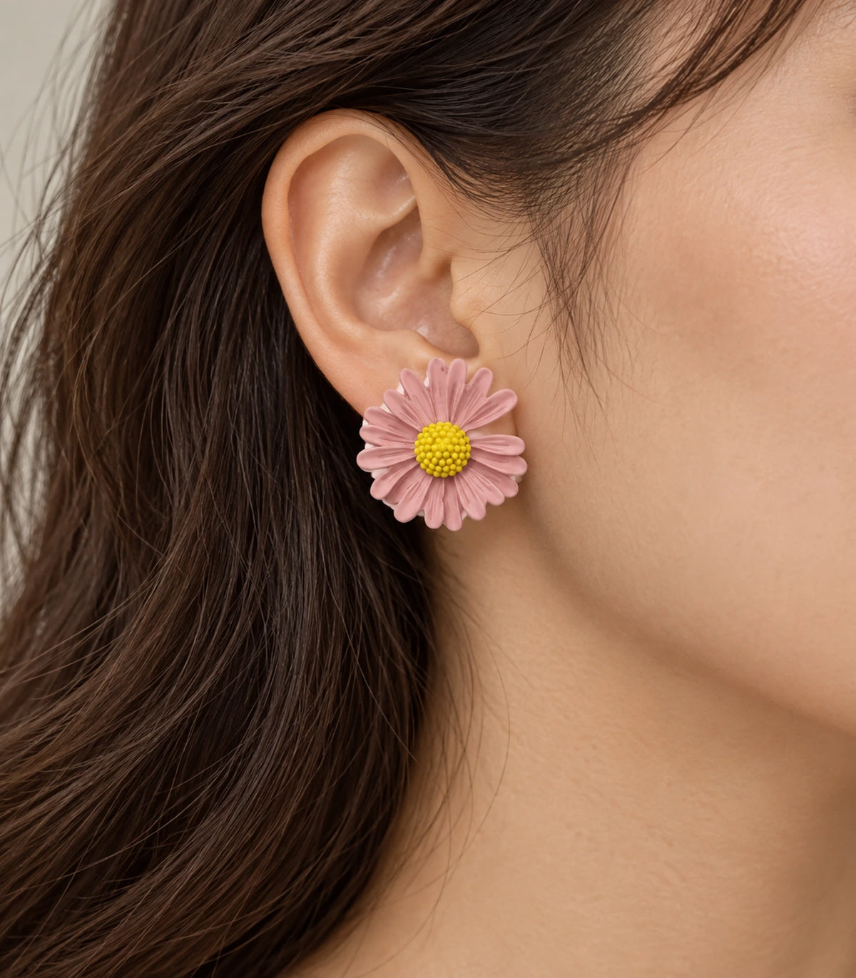 JIMIKI Light Pink yellow centre daisy stud earrings, stud worn on the ear #color_light pink
