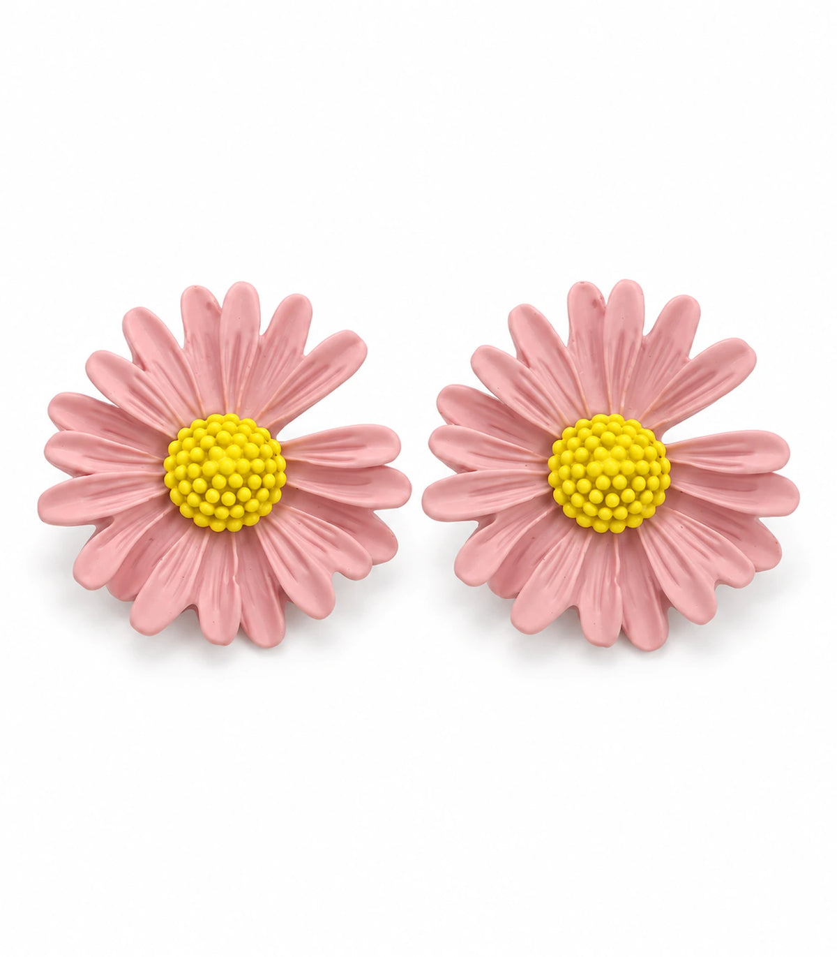 JIMIKI Light Pink yellow centre daisy stud earrings, matching pair on a white background #color_light pink