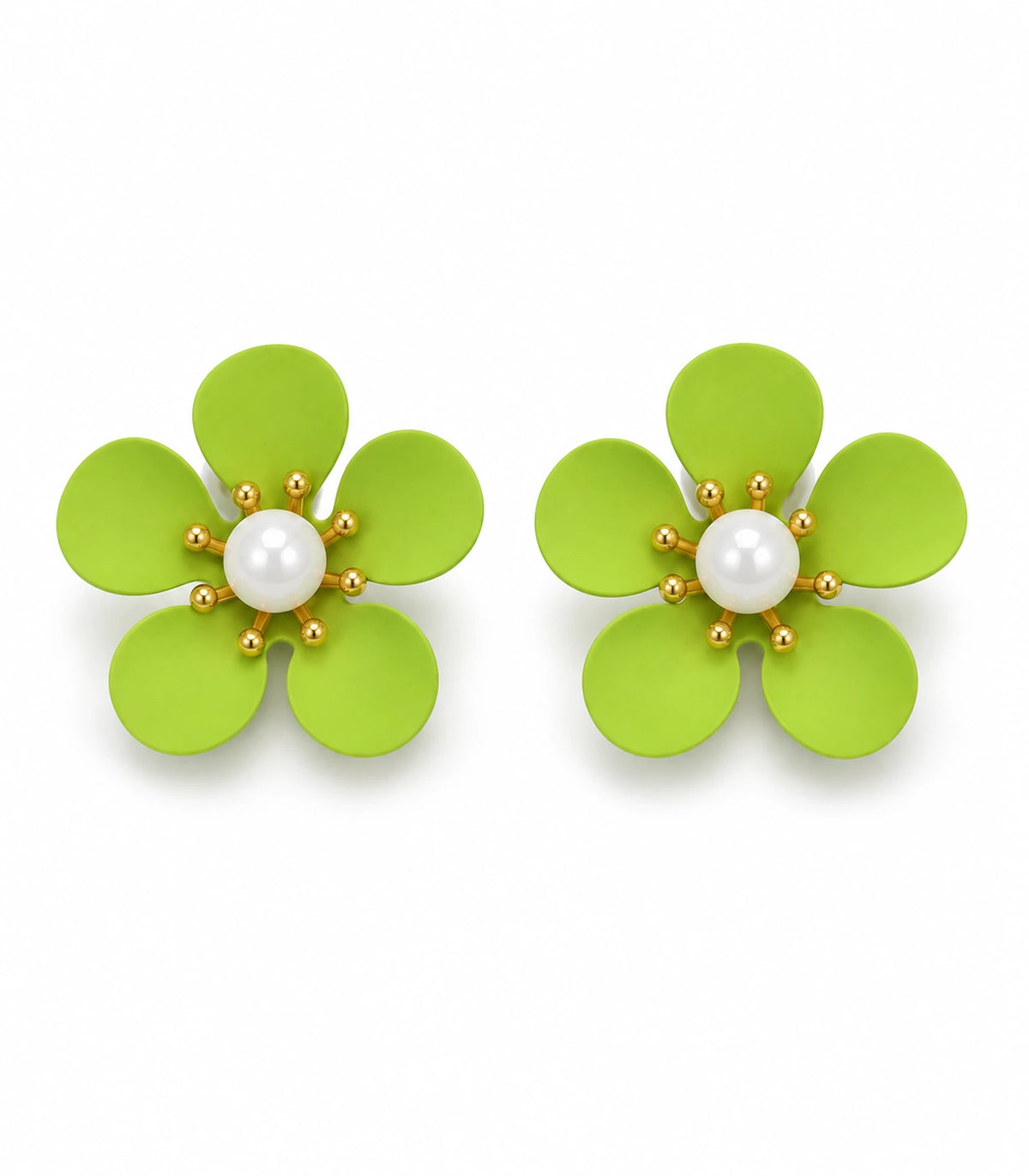 JIMIKI lime five-petal flower stud earrings with pearl-effect centre, matching flower stud pair on white #color_lime