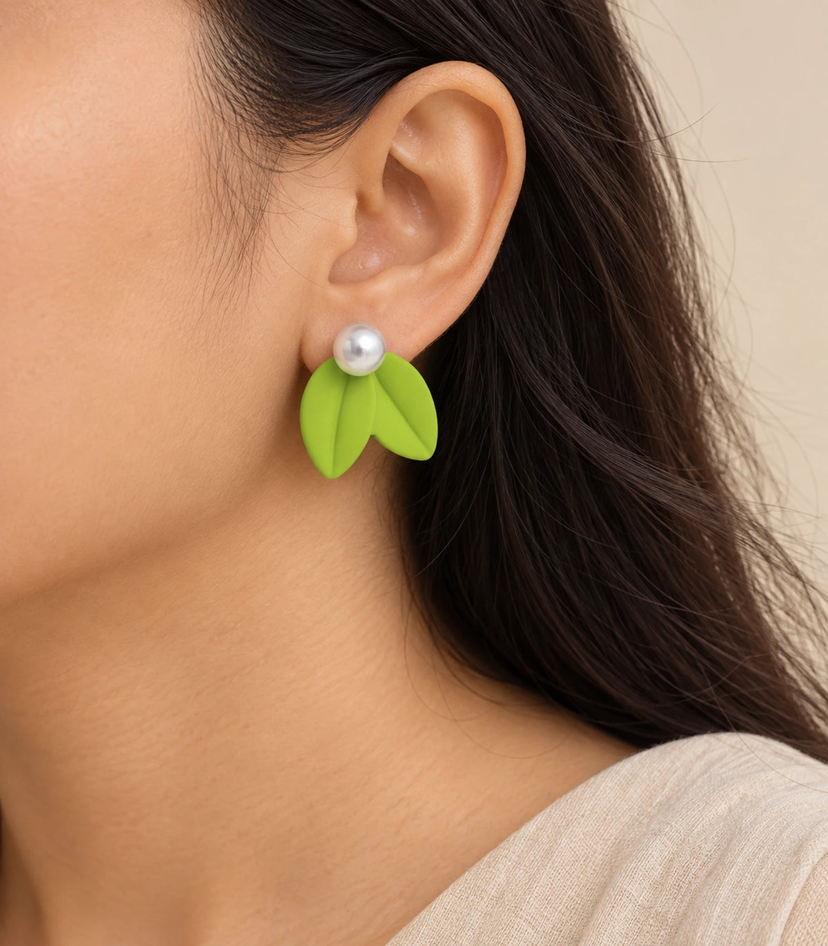 JIMIKI Double Leaf Pearl Stud Earrings in Lime Green — earrings worn on the ear #color_lime green