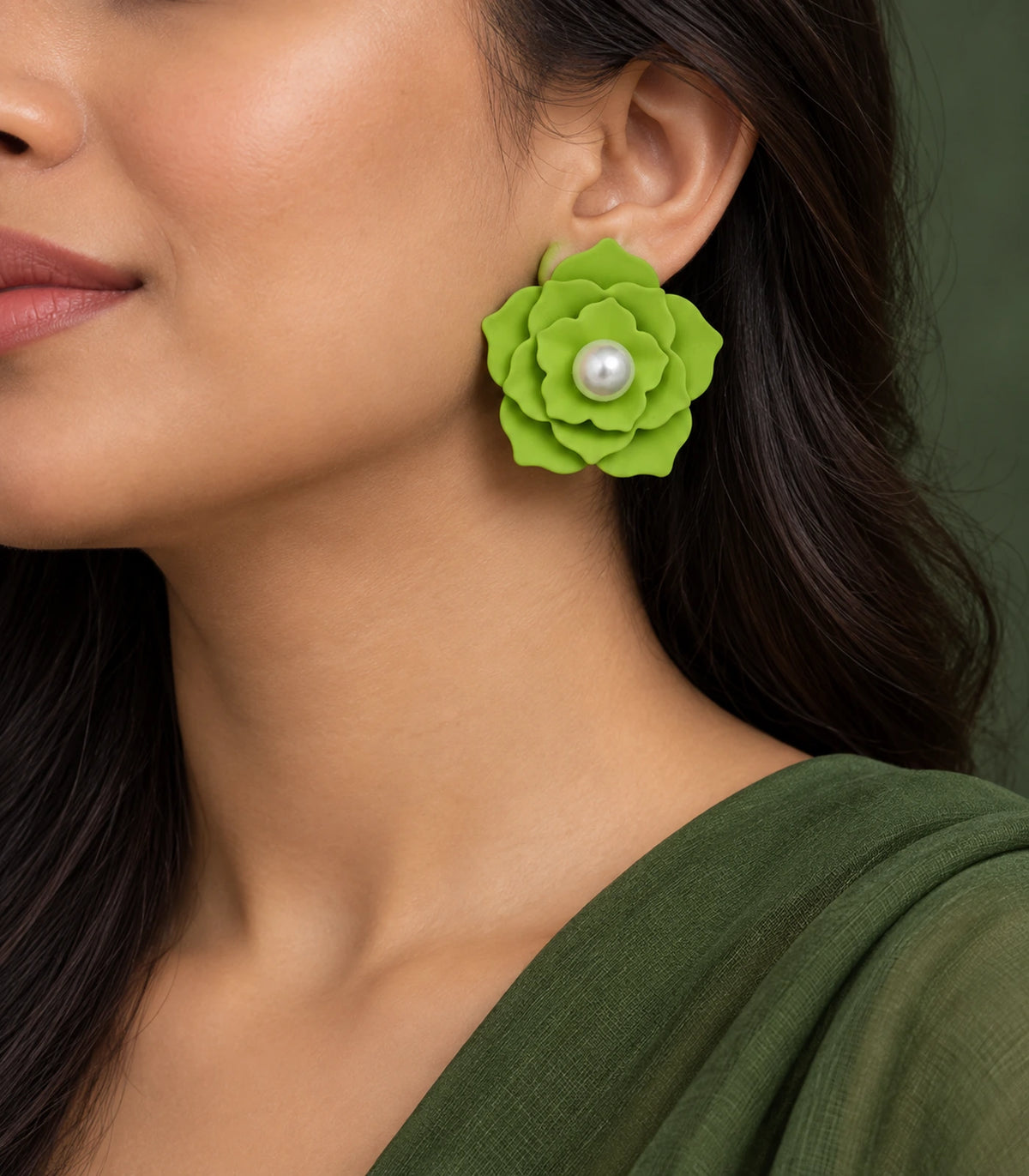 JIMIKI Layered Flower Pearl Stud Earrings, Lime Green — earrings styled with an outfit #color_lime green
