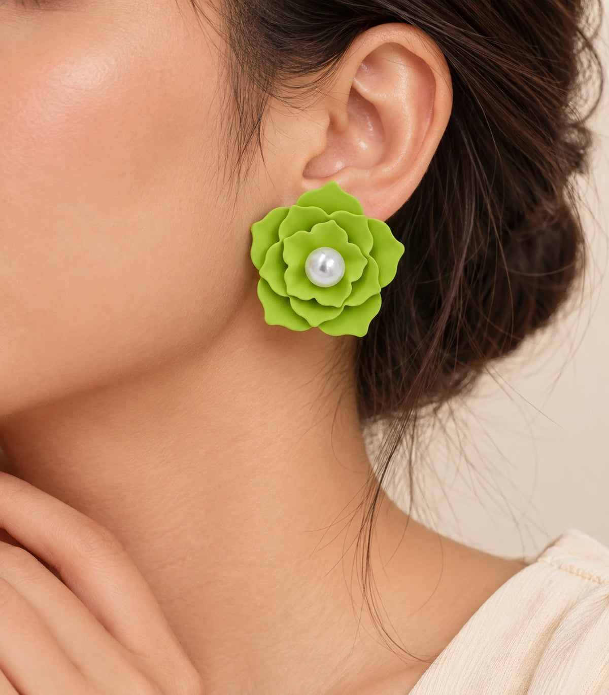 JIMIKI Layered Flower Pearl Stud Earrings, Lime Green — worn on the ear #color_lime green