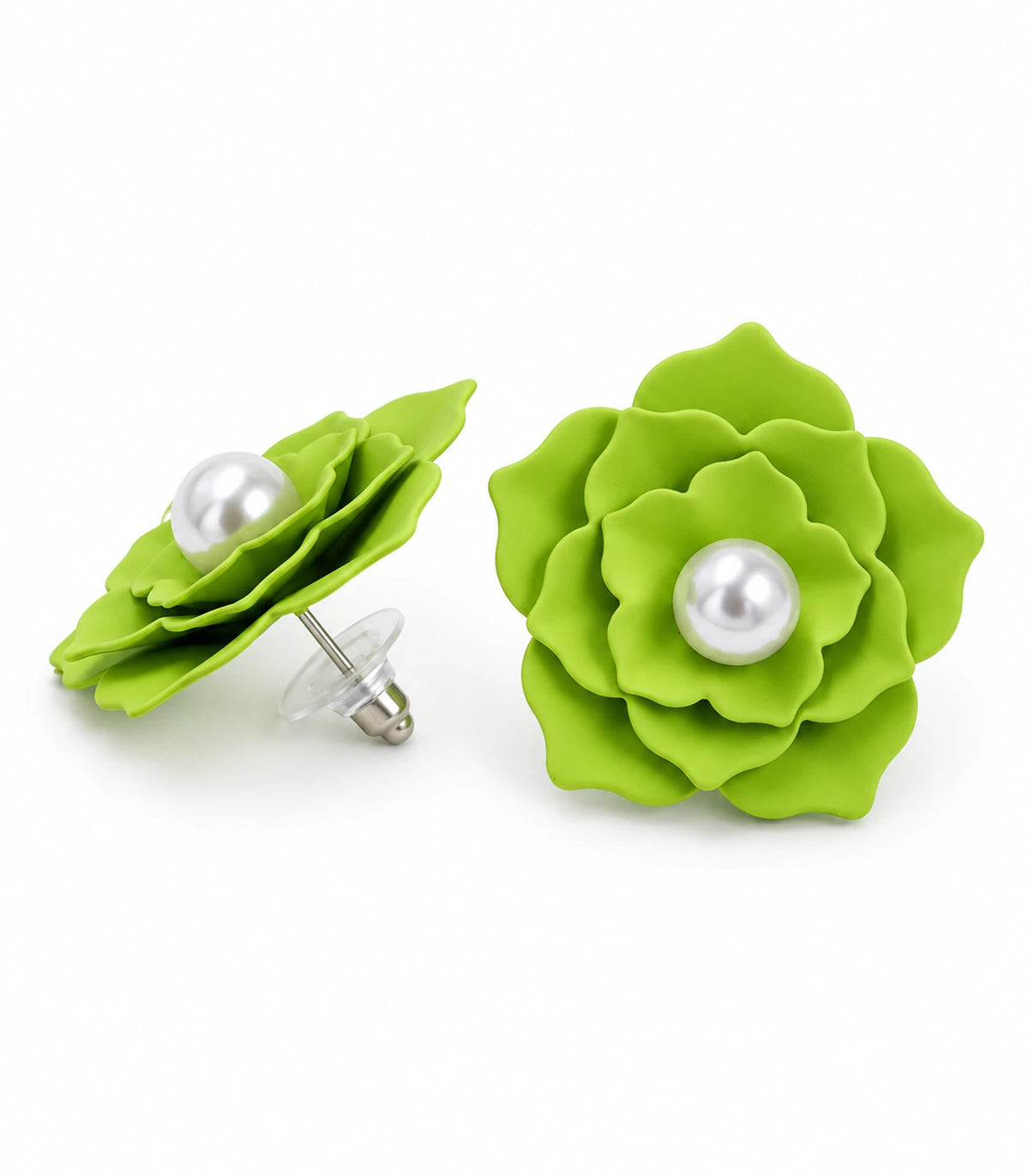 JIMIKI Layered Flower Pearl Stud Earrings, Lime Green — pair on white background #color_lime green