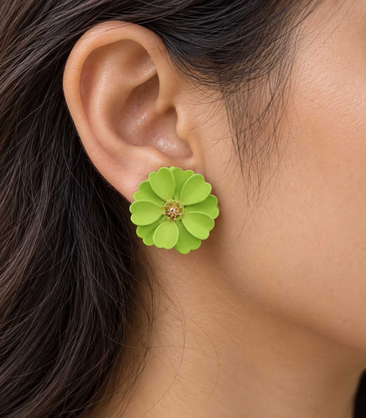 JIMIKI Lime Layered Daisy Stud Earrings - layered scalloped petals and gold-tone centre worn close-up #color_lime