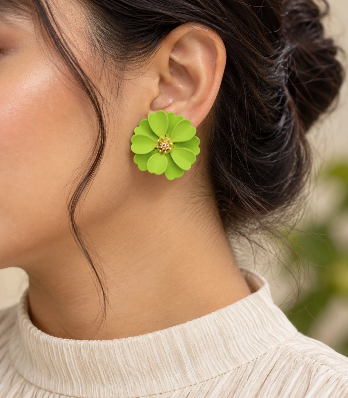 JIMIKI Lime Layered Daisy Stud Earrings - earring worn in editorial styling #color_lime