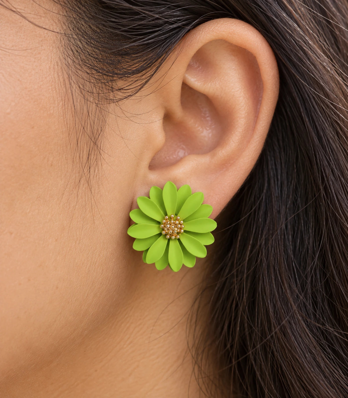 JIMIKI Lime layered starburst daisy stud earrings, close-up of layered petals and gold-tone centre #color_lime