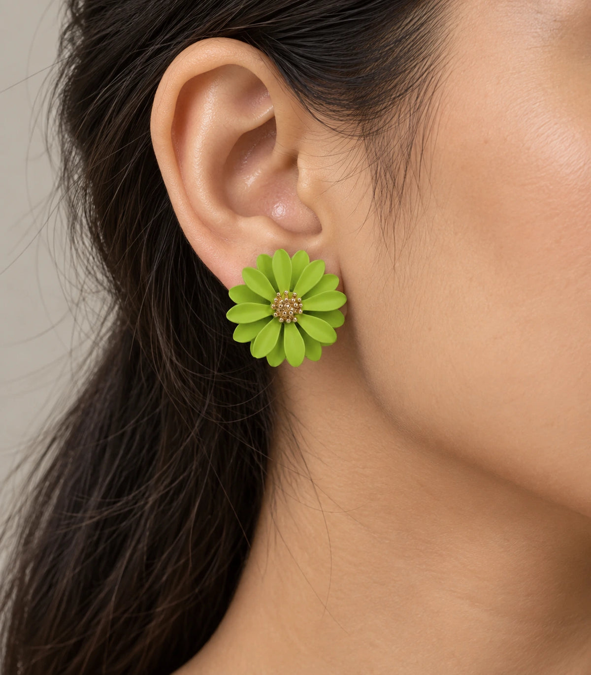 JIMIKI Lime layered starburst daisy stud earrings, layered daisy stud worn at the ear #color_lime