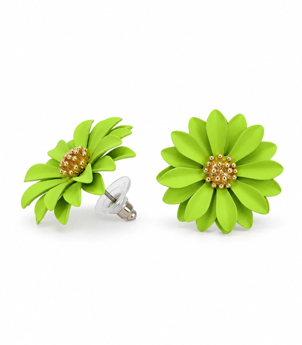 JIMIKI Lime layered starburst daisy stud earrings, matching pair on white background #color_lime
