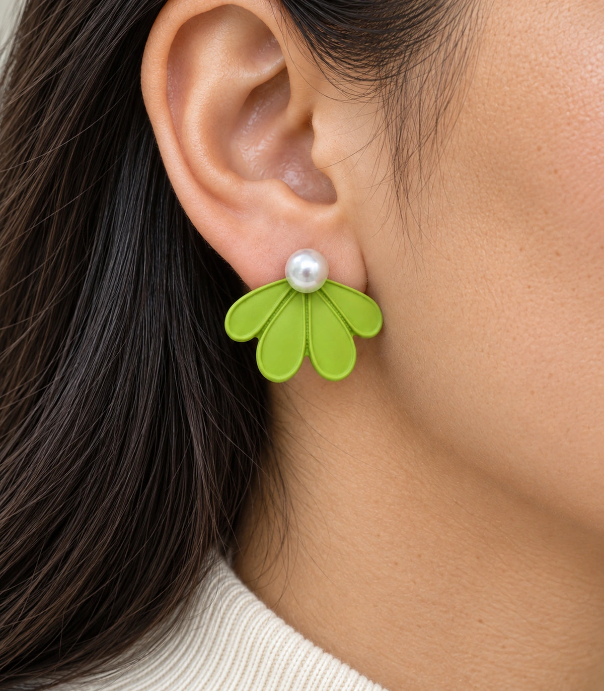 JIMIKI Lime pearl fan petal stud earrings, worn closeup of four petals and pearl-style bead #color_lime