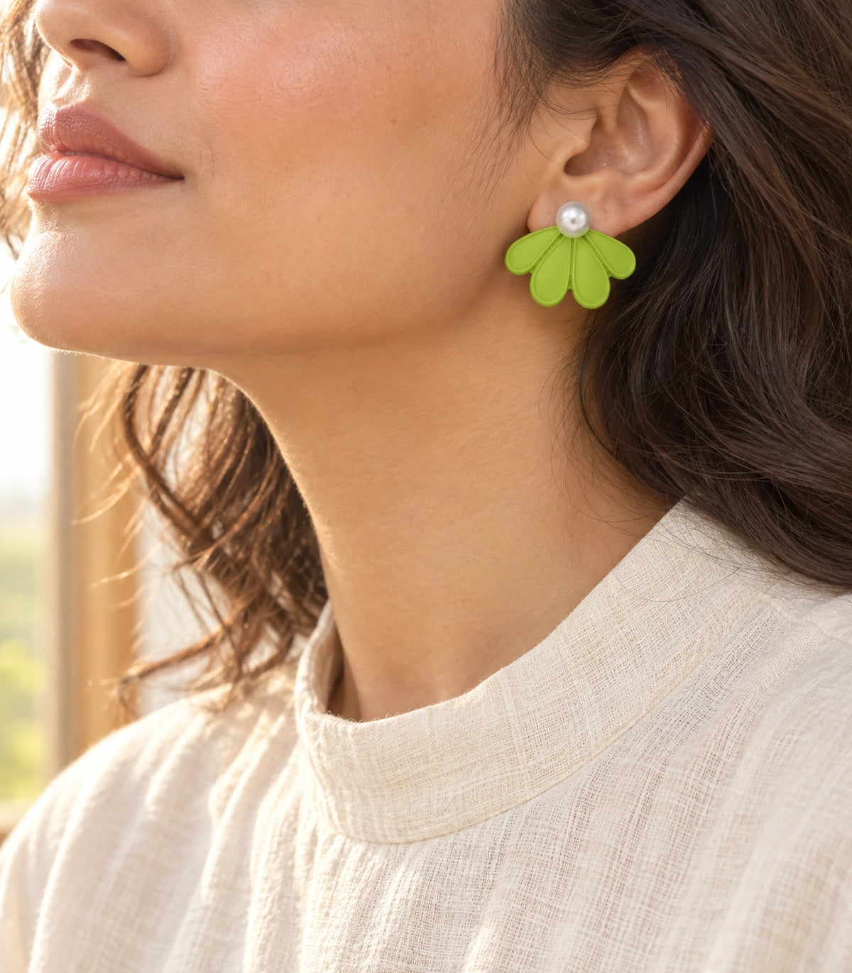 JIMIKI Lime pearl fan petal stud earrings, styled worn editorial view #color_lime
