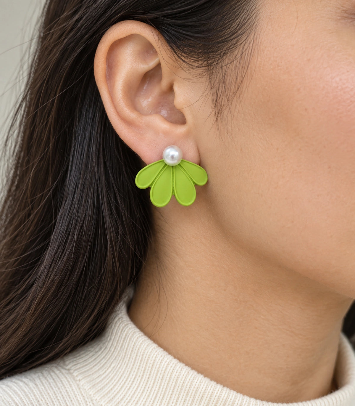JIMIKI Lime pearl fan petal stud earrings, naturally worn on the ear #color_lime