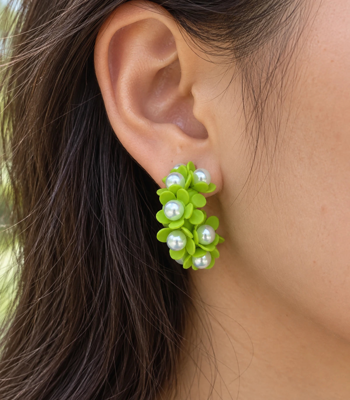 JIMIKI Lime pearl flower hoop earrings, close-up of the clustered flowers and white pearl-like centres #color_lime
