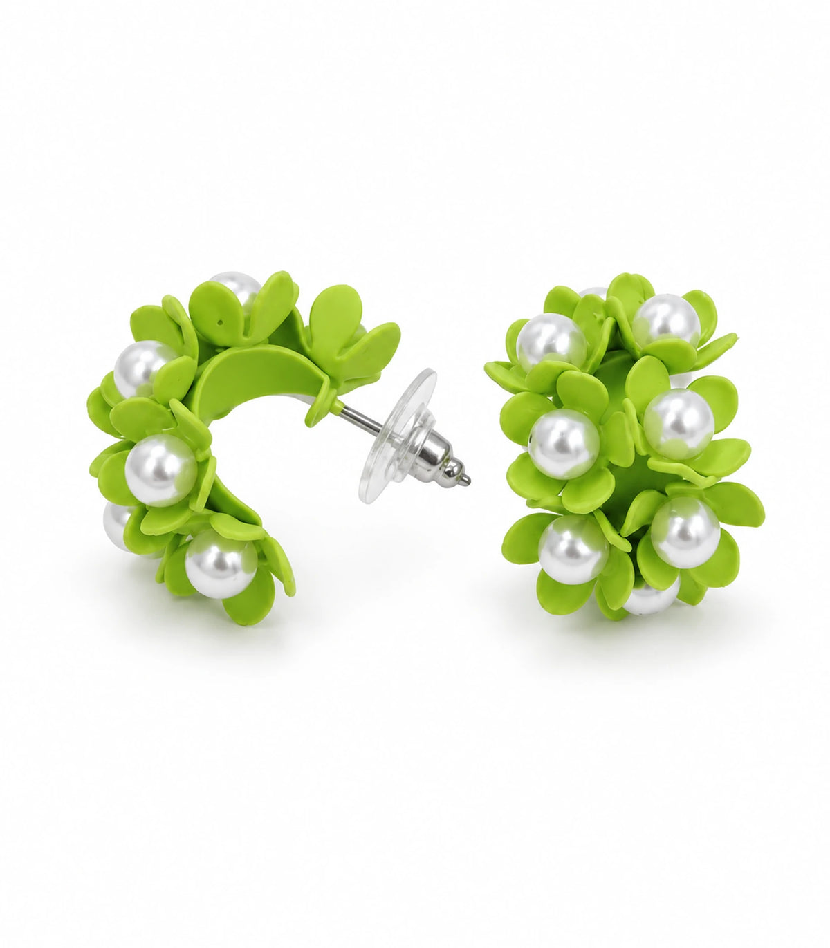 JIMIKI Lime pearl flower hoop earrings, matching pair on a white background #color_lime