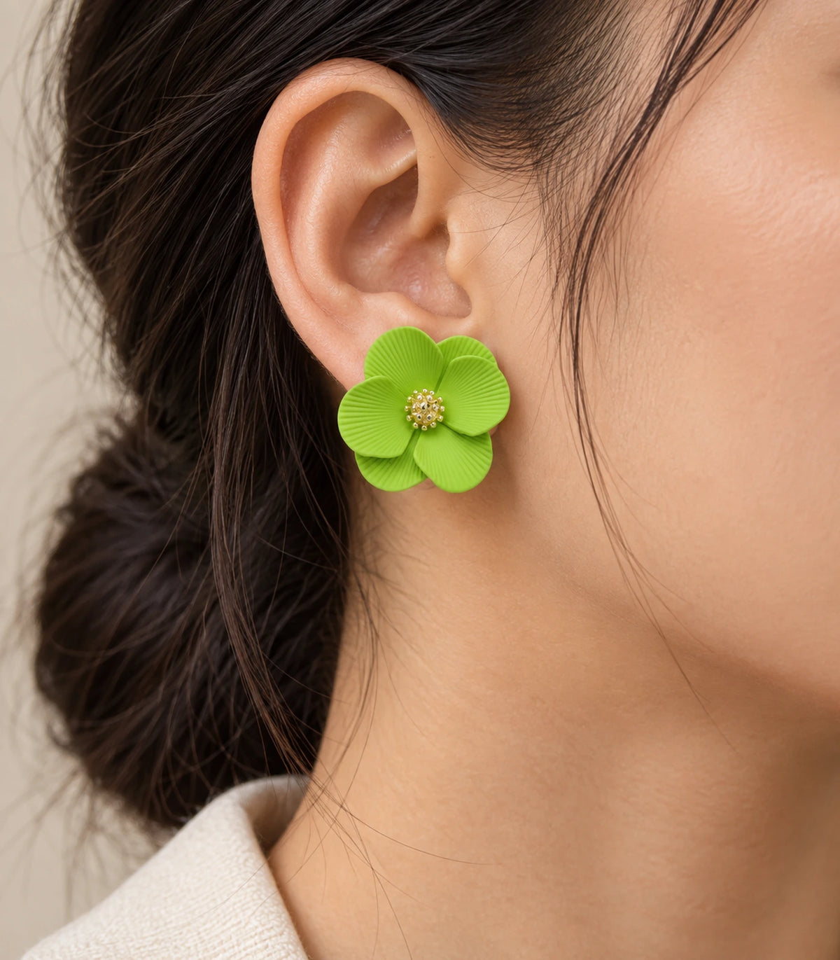 JIMIKI Lime ribbed flower stud earrings, worn view showing the flower stud #color_lime