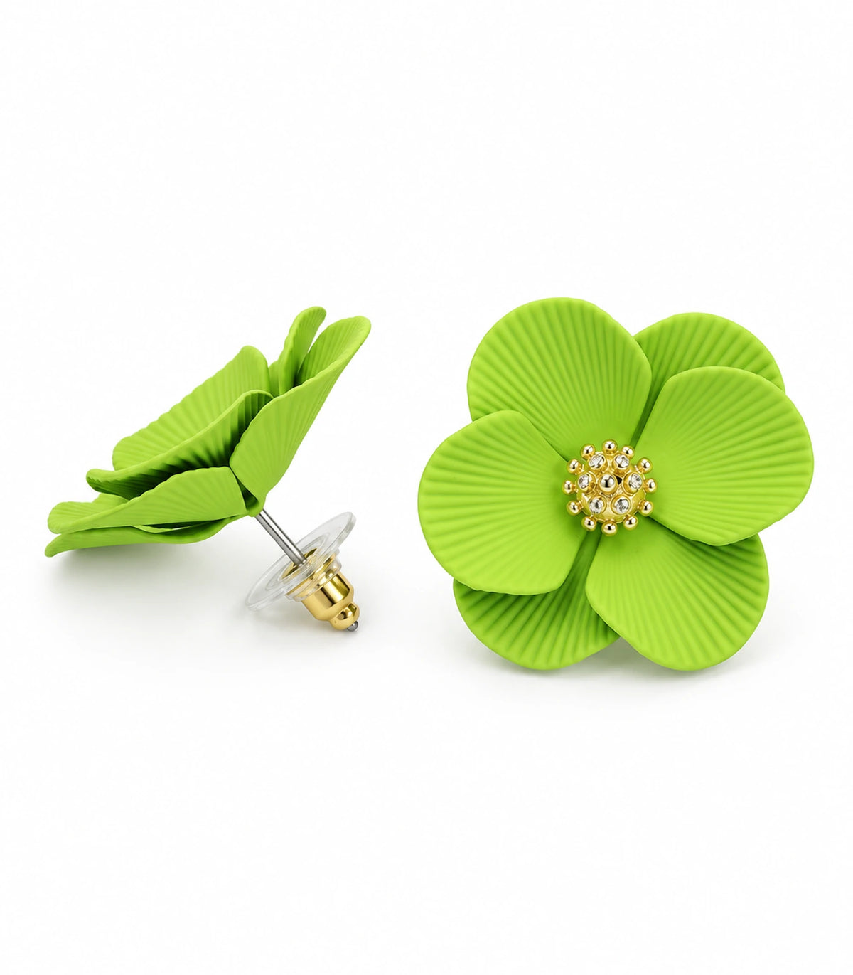 JIMIKI Lime ribbed flower stud earrings, pair on a white background #color_lime