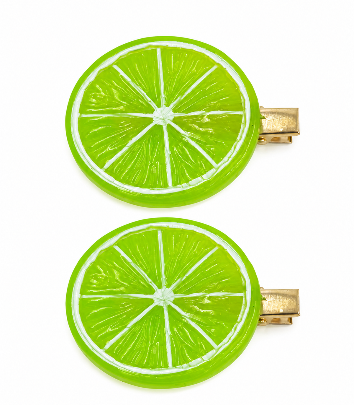 JIMIKI Bright Green Lime Slice Barrette Pair in Lime Green, white background product view