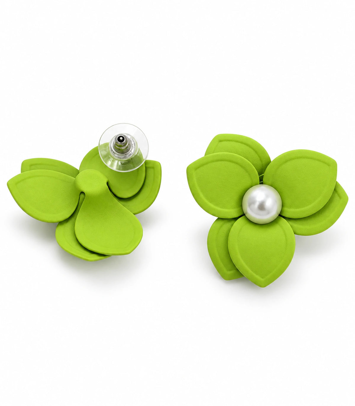 JIMIKI Lime Triple Petal Pearl Flower Stud Earrings - pair on white background #color_lime