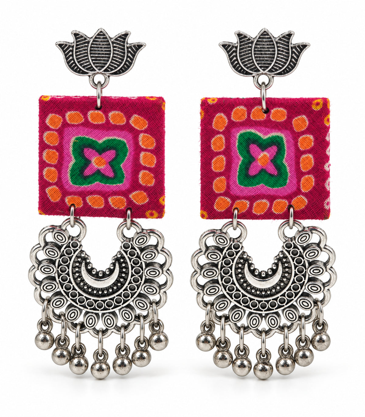 Magenta and green lotus crescent fabric earrings, complete matching pair on white background