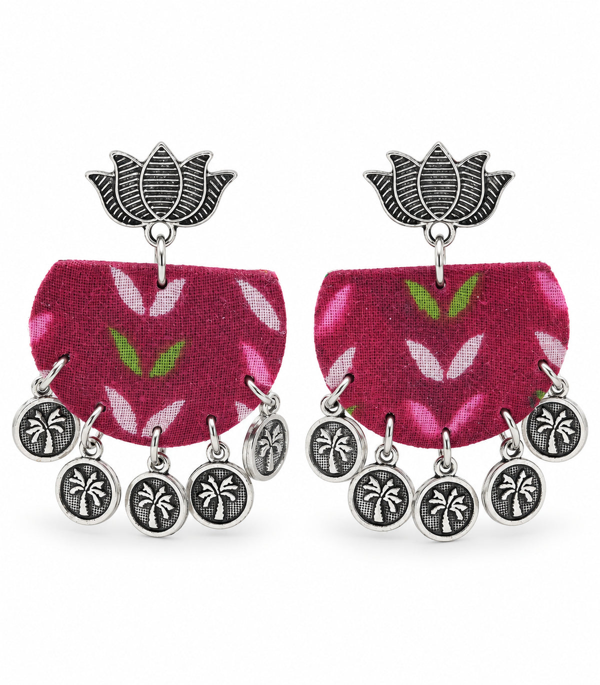 Magenta leaf fabric lotus coin earrings, complete pair on white background